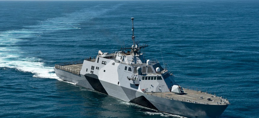 The littoral combat ship USS Freedom is conducting sea trials in the Pacific Ocean off the coast of Southern California. 