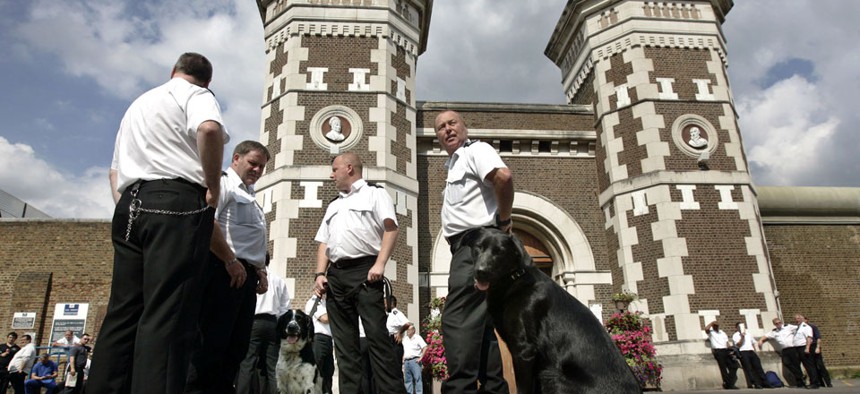 Staff strike outside the main gate of the Wormwood Scrubs prison in west London.