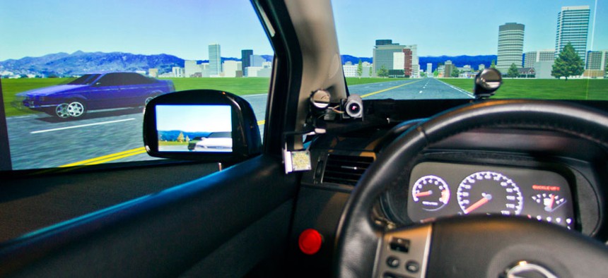  A driving telematics simulator is demonstrated at the University of Michigan Transportation Research Institute in Ann Arbor, Mich. 