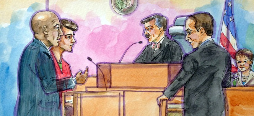 This artist rendering shows Ross William Ulbricht, second from left, appearing in Federal Court.