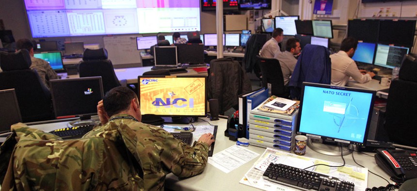 Staff operate at the NATO Computer Incident Response Capability (NCIRC) technical center, at NATO's military headquarters in Belgium. 