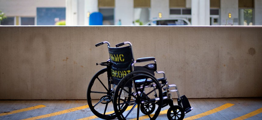 A wheelchair sits outside the Atlanta VA Medical Center.