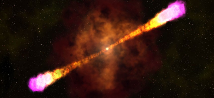 This image provided by NASA's Goddard Space Flight Center shows an artists rendering on how a gamma ray burst occurs with a massive star collapsing and creating a black hole and beaming out focused and deadly light and radiation bursts.