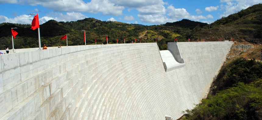 A view of the recently completed Portugues Dam.  The dam, located near Ponce, Puerto Rico, is designed to reduce the impacts of flooding along the Portugues River.
