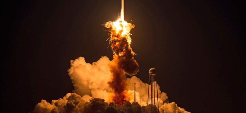 The Orbital Sciences Corporation Antares rocket, with the Cygnus spacecraft onboard suffers a catastrophic anomaly moments after launch.