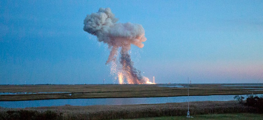The Orbital Sciences Corporation Antares rocket, with the Cygnus spacecraft onboard, as it suffers a catastrophic anomaly moments after launch.