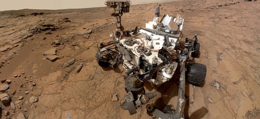 A self-portrait taken by the NASA rover Curiosity in Gale Crater on Mars.