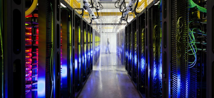 An undated file photo made available by Google shows the campus-network room at a data center in Council Bluffs, Iowa. 