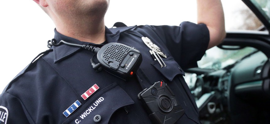 Sgt. Chris Wicklund of the Burnsville Police Department wears a body camera beneath his microphone.