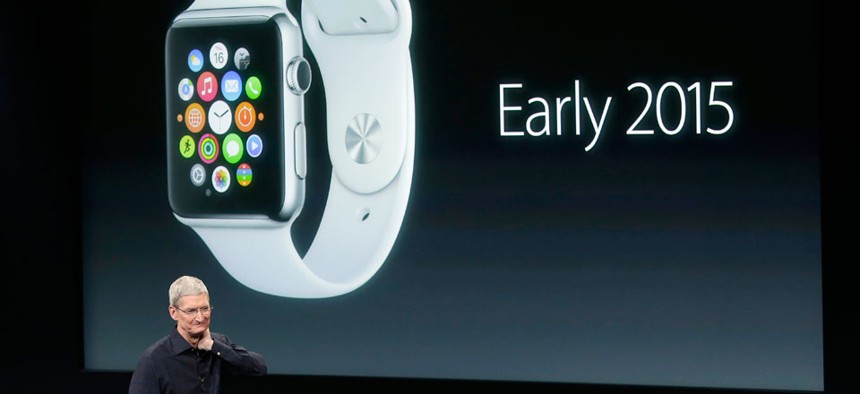 Apple CEO Tim Cook discusses the new Apple Watch during an event at Apple headquarters on Thursday, Oct. 16, 2014.