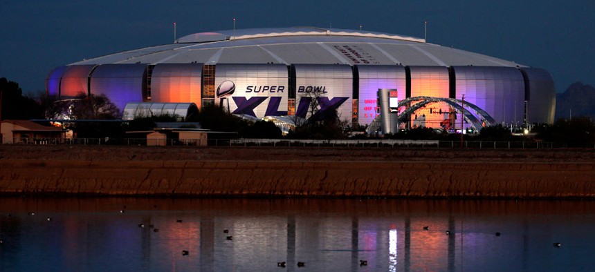The Super Bowl XLIX logo is displayed on the University of Phoenix Stadium, Tuesday, Jan. 27, 2015, in Glendale, Ariz.