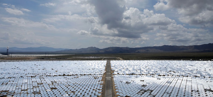 An array of mirrors at the Ivanpah Solar Electric Generating System near Primm, Nev.