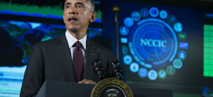 President Barack Obama speaks at the National Cybersecurity and Communications Integration Center in Arlington, Va.,Tuesday, Jan. 13, 2015. 