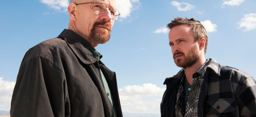Bryan Cranston as Walter White, left, and Aaron Paul as Jesse Pinkman in a scene from "Breaking Bad." 