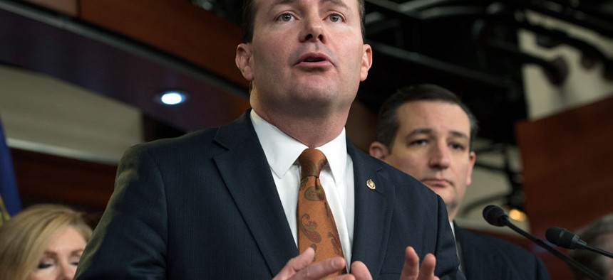 Sen. Mike Lee, R-Utah, speaks during a news conference on Capitol Hill in Washington, Thursday, Feb. 12, 2015.