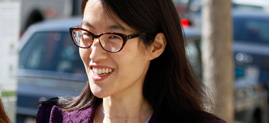 Ellen Pao leaves the Civic Center Courthouse during a lunch break in her trial in San Francisco.