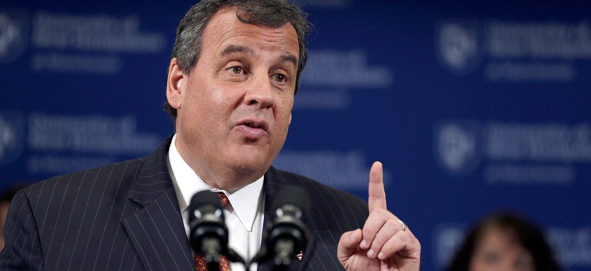 New Jersey Gov. Chris Christie, a likely Republican 2016 presidential candidate, gestures during an event at the University of New Hampshire in Manchester, N.H.