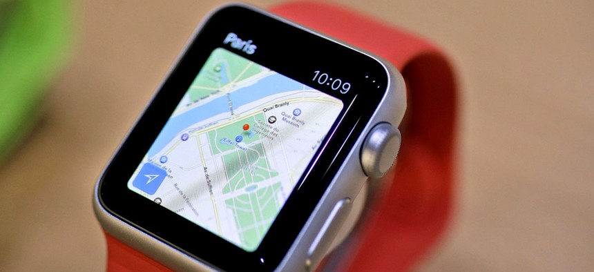 The Apple Maps app is displayed on an Apple Watch during an event in San Francisco.