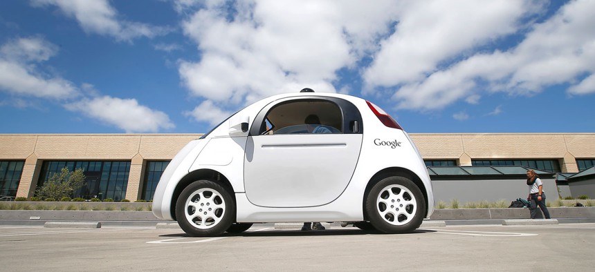 Google's new self-driving prototype car is presented during a demonstration at the Google campus in Mountain View, Calif. 
