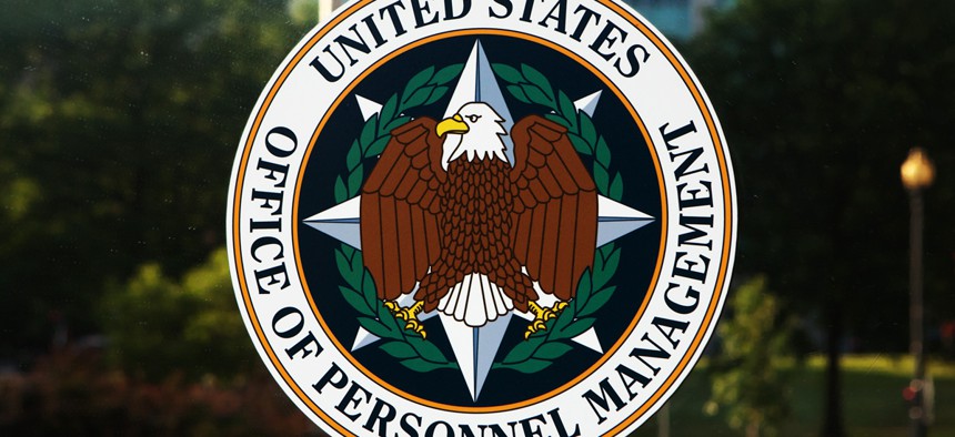 Emblem on the door of the Office of Personnel Management in Washington, DC. 