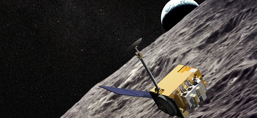 An illustration of NASA's Lunar Reconnaissance Orbiter as it makes its way around the moon. 
