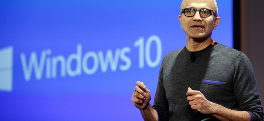 Microsoft CEO Satya Nadella demonstrates new features of new OS Windows 10