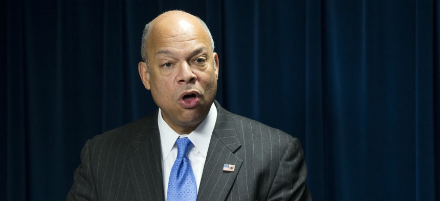 Homeland Security Secretary Jeh Johnson speaks in Washington, Monday, March 16, 2015, during a ceremony to sign a preclearance agreement as part of the Beyond the Border Initiative. (AP Photo/ Evan Vucci)