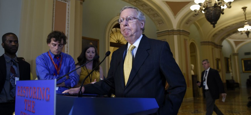 Senate Majority Leader Mitch McConnell of Ky., speaks to reporters on Capitol Hill in Washington, Thursday, July 30, 2015. (AP Photo/Susan Walsh)