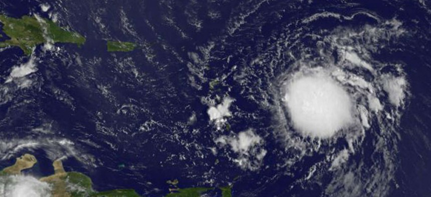 This visible image of Tropical Storm Erika was taken from NOAA's GOES-East satellite on Aug. 26 at 7:45 a.m. EDT as it headed toward the Lesser Antilles.