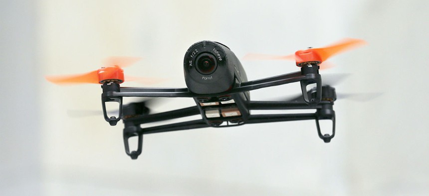 A Parrot Bebop drone flies during a demonstration event in San Francisco. 