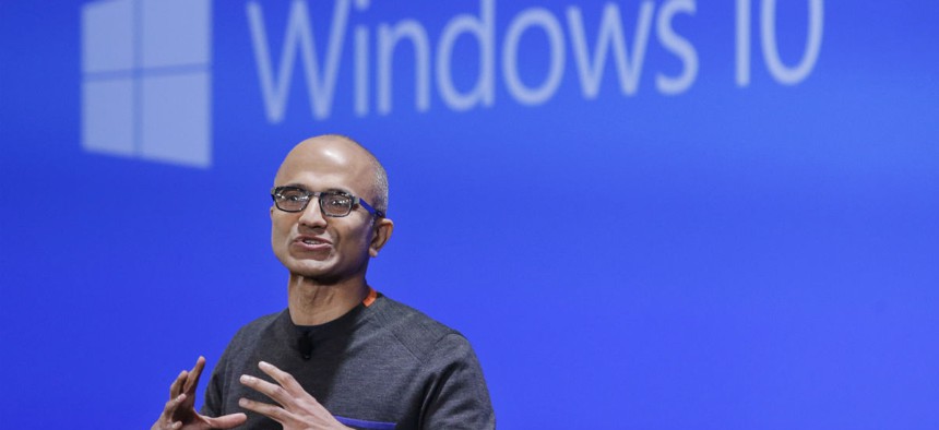 Microsoft CEO Satya Nadella speaks at an event demonstrating the new features of Windows 10.