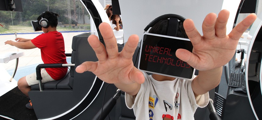 Children wearing the Oculus Rift virtual reality headsets.