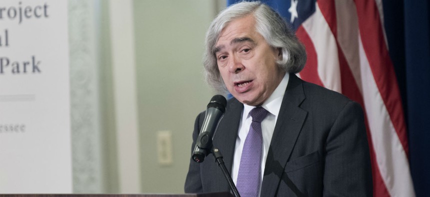Energy Secretary Ernest Moniz speaks at a signing ceremony for a memorandum of agreement to establish the Manhattan Project National Historic Park, Tuesday, Nov. 10, 2015, at the Interior Department in Washington.