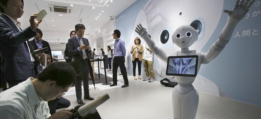 Humanoid robot Pepper is on display at SoftBank Mobile shop in Tokyo.