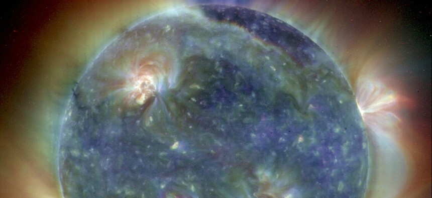 A composite image of the sun captured by the Solar and Heliospheric Observatory