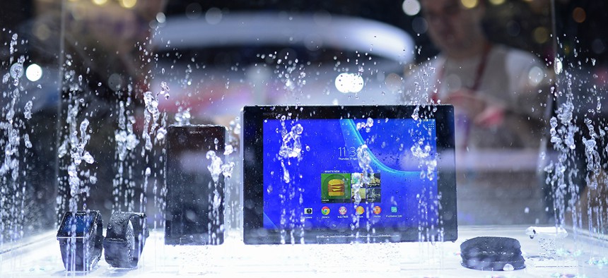 Sony devices are sprayed with water at the Mobile World Congress