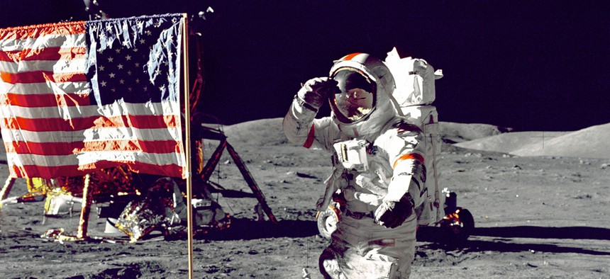 Eugene A. Cernan, Commander, Apollo 17 salutes the flag on the lunar surface during extravehicular activity on NASA's final lunar landing mission. 