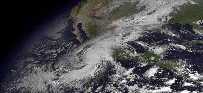 This NOAA satellite image taken on Oct. 23, 2015 shows the Category 5 Hurricane Patricia moving over Mexico's Pacific Coast.