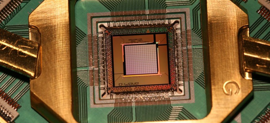 A quantum computing processor from the company D Wave, the Washington C16.