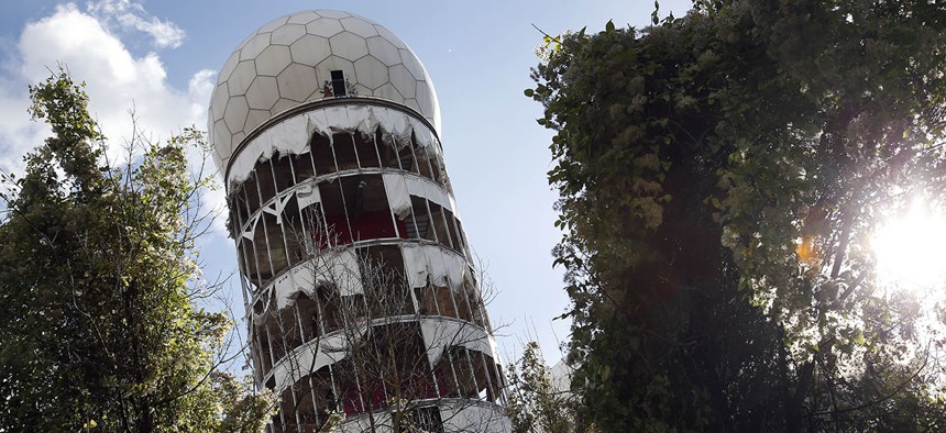 The cover of a former NSA radar tower on top of the Teufelsberg (devil mountain) is ripped in Berlin, Germany.
