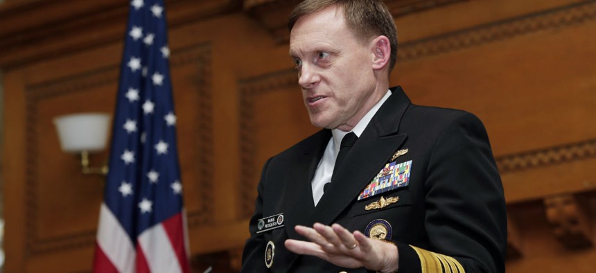 National Security Agency director Mike Rogers speaks at Stanford University, Monday, Nov. 3, 2014, in Stanford, Calif. Rogers told professors and students that U.S. intelligence is depending on Silicon Valley innovation for technologies that strengthen th