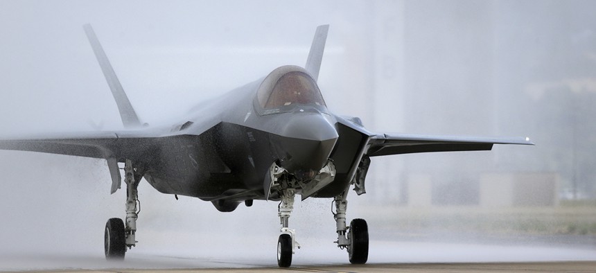 An F-35 arrives at it new operational base Wednesday, Sept. 2, 2015.