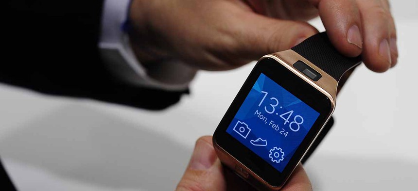 The Samsung Gear 2 smartwatch is displayed at the Mobile World Congress in Spain.