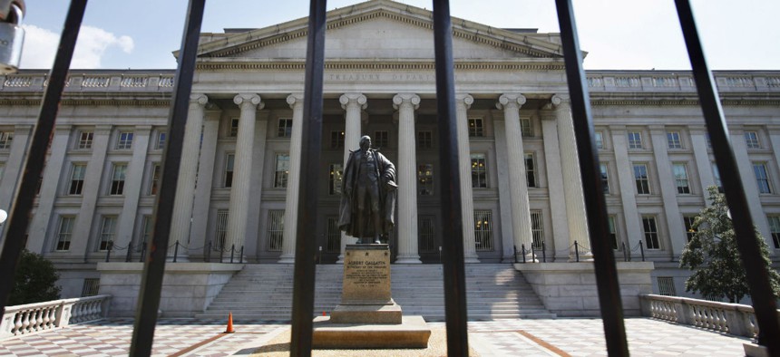 This Monday, Aug. 8, 2011, file photo, shows the Treasury Building in Washington.