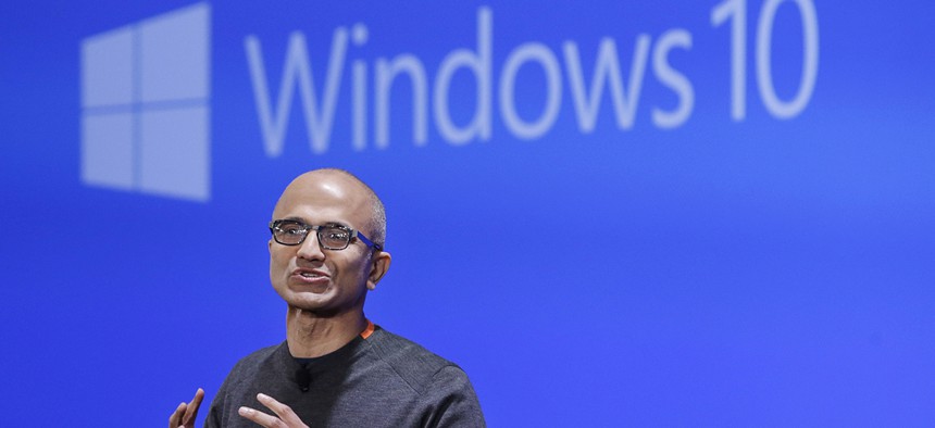 Microsoft CEO Satya Nadella speaks at an event demonstrating the new features of Windows 10 at the company's headquarters in Redmond, Wash. 