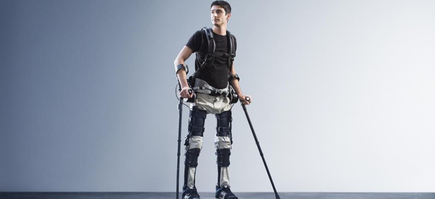 SuitX tester Steven Sanchez wears the Phoenix exoskeleton.