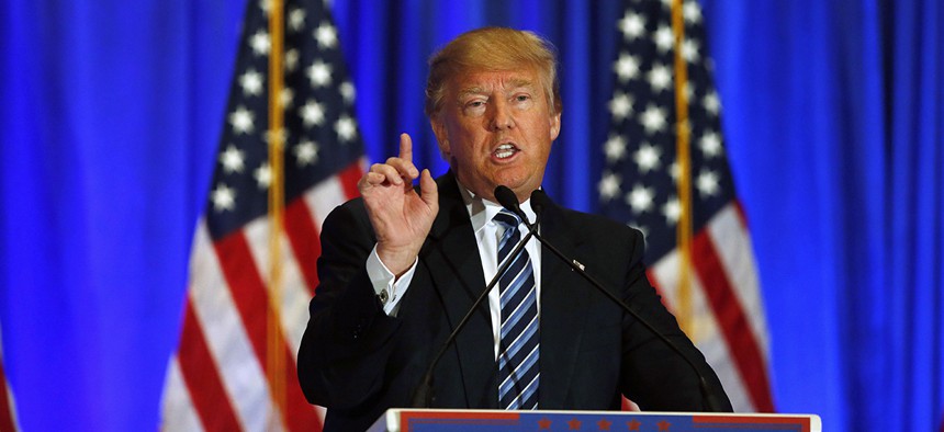 Republican presidential candidate Donald Trump speaks during a news conference Saturday, March 5, 2016.