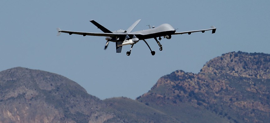 A U.S. Customs and Border Patrol drone aircraft lifts off, Wednesday, Sept 24, 2014 at Ft. Huachuca in Sierra Vista, Ariz.