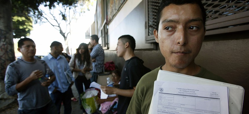 Illegal immigrant Layios Roberto waits outside the offices of Coalition for Humane Immigrant Rights in Los Angeles. 