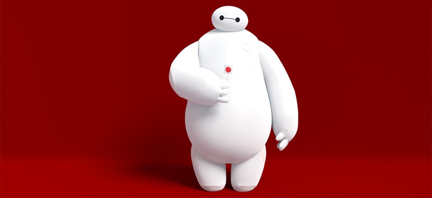 The character Baymax, from the Disney film Big Hero 6, is a soft and cuddly robot designed to help people.